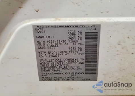 2015 Nissan Pathfinder S z USA, uszkodzony, nr VIN 5N1AR2MM0FC616660